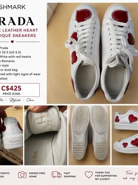 Prada White Leather Low-Top Sneakers with Red Heart Accents